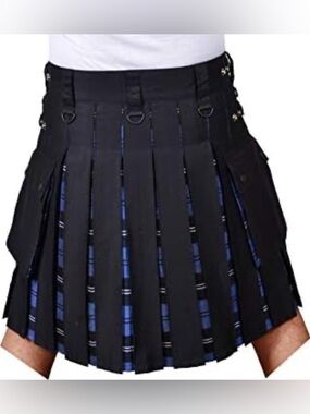 Men's Hybrid Leather Straps, Cotton & Tartan Utility Kilt - Blue Tartan Size 50